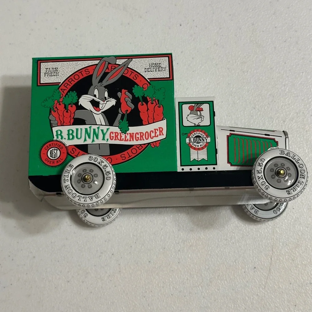 Warner Bros Bugs Bunny Green Grocer Delivery Truck Tin Metal Litho Green Vintage